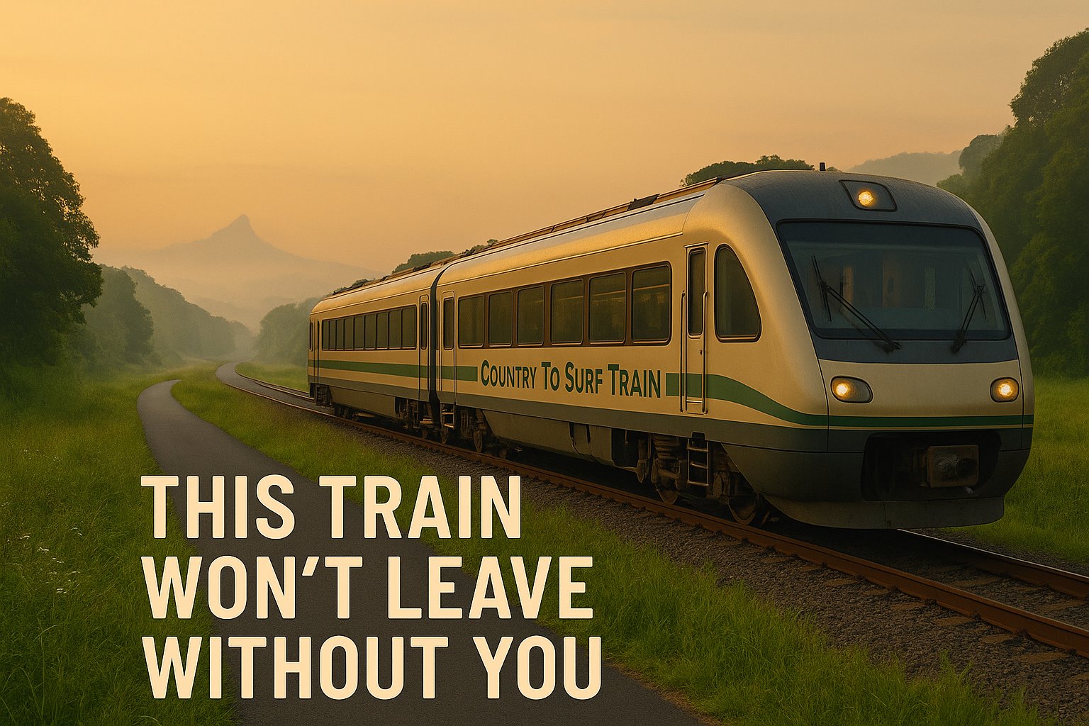 This train won't leave without you slogan alongside an artist's impression of the exterior of the Country to Surf Train.