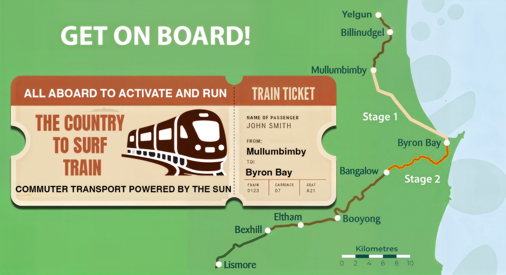 Map with the various stages of the proposed future Country to Surf Train route.